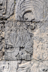 Carvings on a temple of Chichen Itza, Tinum Municipality, Yucatan State. It was a large pre-Columbian city built by the Maya people of the Terminal Classic period. UNESCO World Heritage