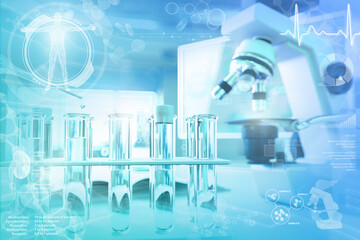 chemical study texture, conceptual medical 3D illustration - test tubes and microscope in facility