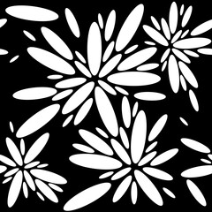 Geometric seamless pattern with white ovals on a black isolated background. Abstract floral print. Stylized flowers.Great for fabric, wallpaper, textile, wrapping. Raster. 
