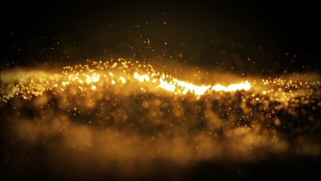 Abstract golden yellow glowing particle burning with fire effect in outer space background