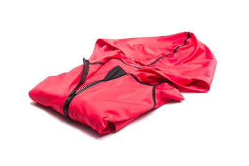 Folded red zipper windbreaker jacket, UV sun proof outdoor jacket hoodie. Track jacket sport hoodie full zip isolated on white background. Folded clothes.