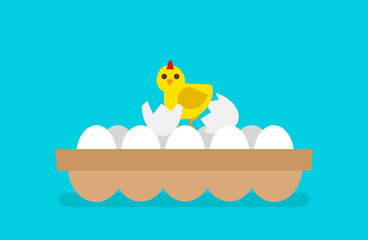 cute chick hatching from cracked egg shell vector illustration