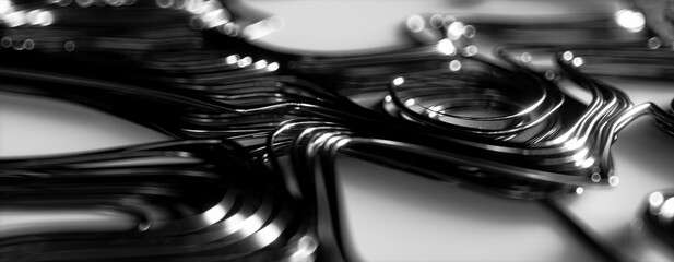 3d render of swirly reflective metal wire, Black and White, shallow depth of field, panoramic