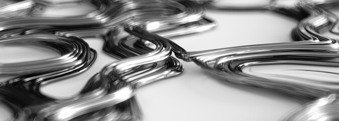 3d render of swirly reflective metal wire, Black and White, shallow depth of field, panoramic