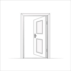 open room door. vector simple line cartoon. Isolated graphic illustration. Interior wooden open door