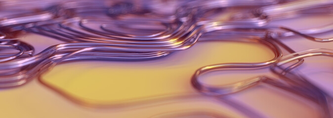 3d render of reflective metal wire, sunset color, shallow depth of field, panoramic