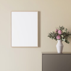 Fototapeta na wymiar 3d render of a modern mockup interior with wooden frame on a dark beige wall and a vase with flowers 