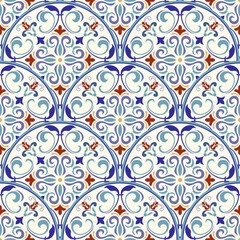 Seamless oriental ornamental pattern. Vector laced decorative background with floral and geometric ornament. Repeating geometric tiles with mandala. Indian or Arabic motive. Boho festival style.