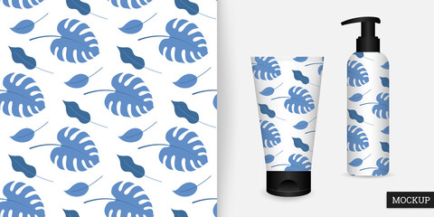 Tropical seamless pattern. Floral template. Leaves background. Vector illustration. Trendy repeating texture. Modern ornament. Mockup.