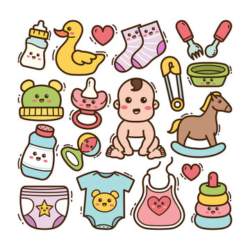 Cartoon baby with toys in kawaii doodle illustration