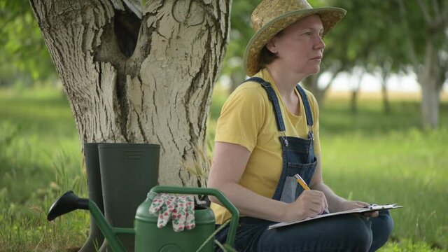 Female farmer writing notes in walnut orchard