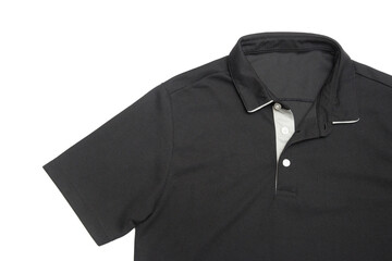 Blank black polo shirt with three white buttons. Polo shirt isolated on white background. Men's clothing.