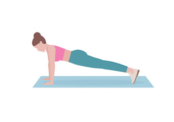Young woman doing exercises. woman in pink shirt and a blue Long legs. Step by step instruction for doing Full Plank. Sports silhouettes. Fitness and health concepts.