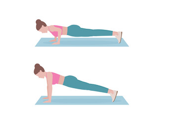 Step by step instruction for doing Push up. woman in pink shirt and a blue Long legs.Sports silhouettes. Fitness and health concepts.