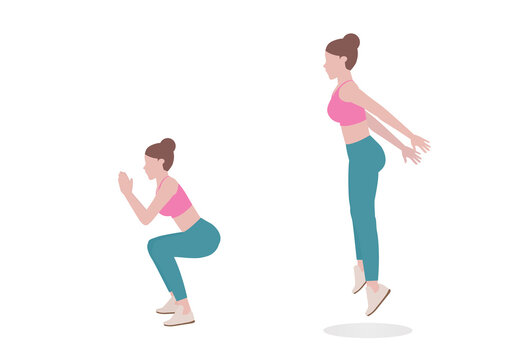 Young woman doing exercises. woman in pink shirt and a blue Long legs. Step by step instruction for doing jump squats. Sports silhouettes. Fitness and health concepts.