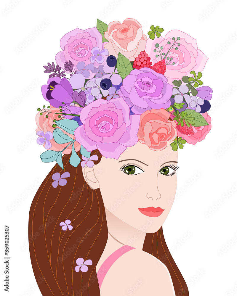 Canvas Prints portrait of fashion girl with lilac roses, summer forest berries