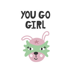 Kids poster with cute hare animal superhero and hand drawn lettering. Baby nursery wall art. Vector illustration.