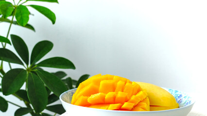 Yellow cut mangos in plate, ripe mangos and green plant, copy space