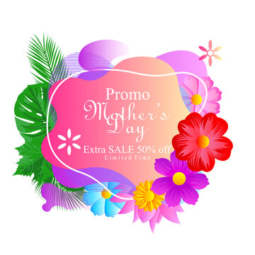 promo mother day greeting card with flowers and floral frame for social media promotion and advertisement background