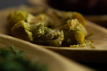 Spices background on wooden spoons. Parsley, chamomile, hibiscus