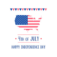 Vector 4th of July Happy Independence Day of United States of America card with garland of flags. Contour map of the country with flag