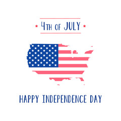 Vector 4th of July Happy Independence Day of United States of America card. Contour map of the country with flag.