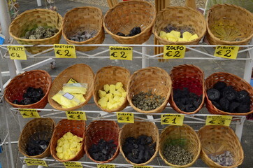 Volcano. Aeolian Islands. Sicily. Italy. October 11, 2019 - baskets with volcanic stones - souvenirs for tourists. 