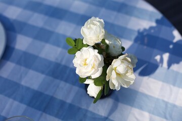 White pretty midsummer roses in vase