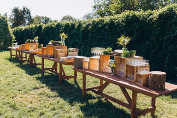Preparing for the holiday table. Glasses for drinks. Banquet table setting.

