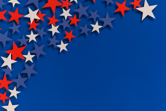 Happy Independence Day 4th july background with american flag decorated and stars. Holidays pattern top view. flat lay banner