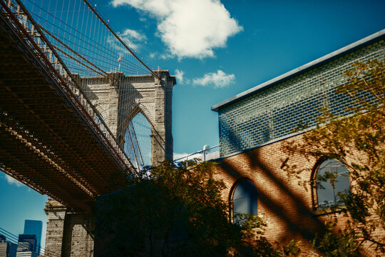 View of downtown Manhattan and Brooklin Bridge. Dumbo