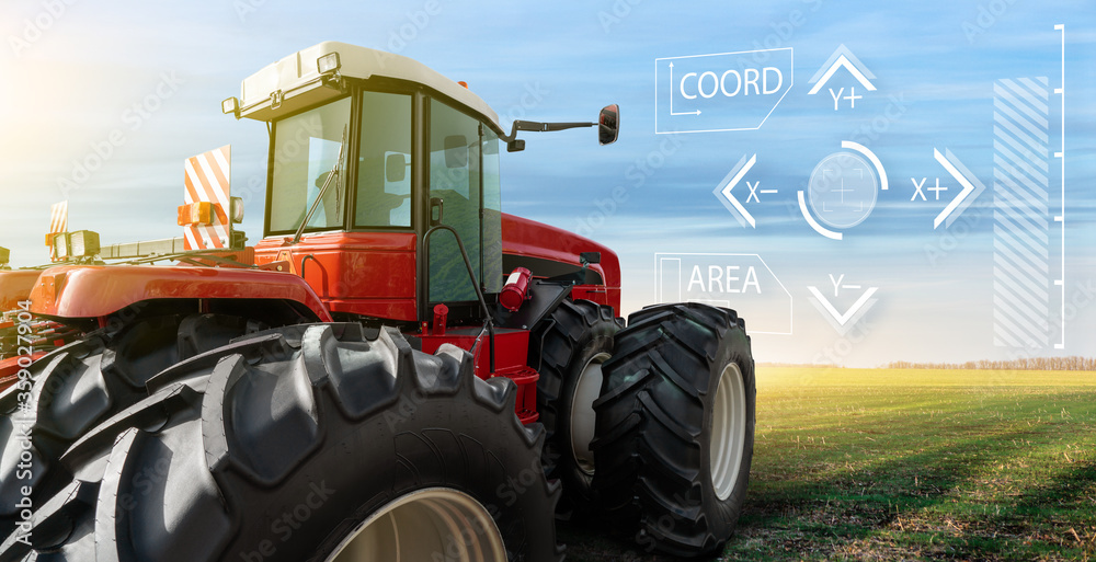 Poster autonomous remote controlled agricultural tractor on the field. digital transformation in agricultur