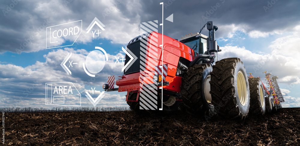 Poster autonomous remote controlled agricultural tractor on the field. digital transformation in agricultur