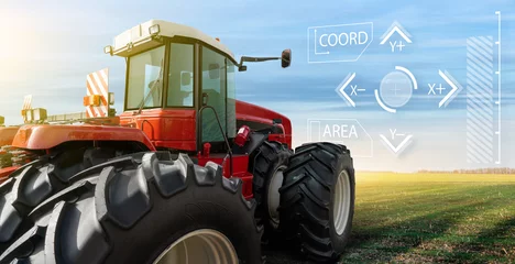 Poster Autonomous remote controlled agricultural tractor on the field. Digital transformation in agriculture © scharfsinn86