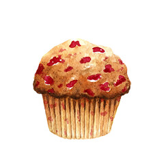 Muffin with cherry isolated on white background. Watercolor hand-drawn illustration. 
Perfect for your project, cards, prints, covers, menu, patterns.