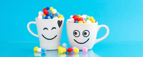Couple of Happy Mug with smiley face. Happiness, smile, fresh and love Concept. Coffee for two.