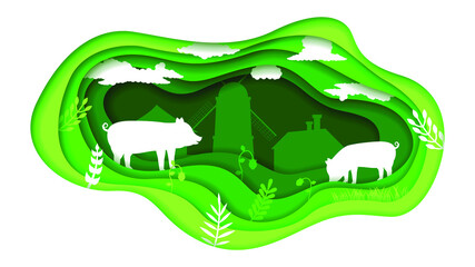 Eco Green Paper Cut Background Vector Nature Animal Clouds Village With Pig Design