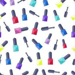 Seamless pattern of colored nail Polish jars and brushes. Pattern of Women's manicure. Background for a beauty Salon. Vector illustration in flat style.