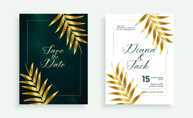 stylish golden leaves premium wedding card invitation design