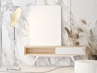 Mockup poster in Living room, Scandinavian style, 3d render, 3d illustration