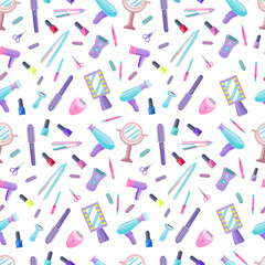 Pattern of hair styling and manicure products on a white background.Seamless pattern of hair and hand care accessories.Tools for self-care. Devices for female beauty.Vector background in flat style.
