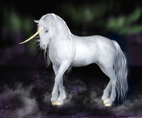 Fototapeta na wymiar White Unicorn with Curved Horn and Northern Lights in Sky