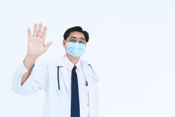 Female doctor wear face mask with stethoscope show hand up on white background.