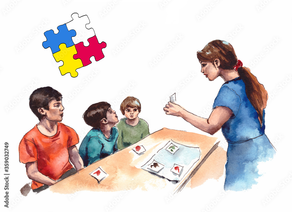 Wall mural Illustration of children's autism characters teacher's classes with children with autism syndrome. isolated on a white background