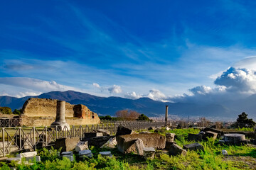 Roman period remains to Pompeii Naples Italy, along with Herculaneum and many villas in the surrounding area (e.g. at Boscoreale, Stabiae), was buried  of volcanic ash and pumice in the eruption 