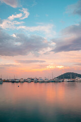 Fototapeta na wymiar The long exposure view of sunset at Antalya Fisherman Harbour