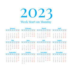 2023 Calendar with the weeks start on Monday