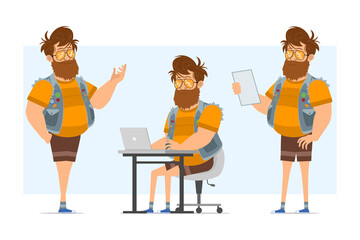 Cartoon flat funny bearded fat hipster man character in jeans jerkin and sunglasses. Ready for animation. Boy working on laptop and reading note. Isolated on blue background. Vector icon set.