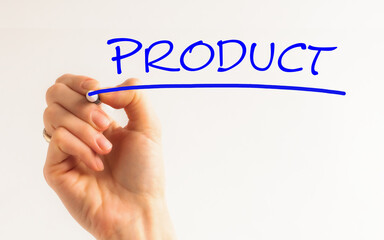 Hand writing Produkt with blue marker on transparent wipe board.