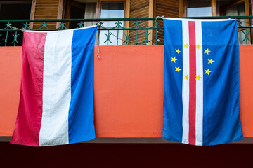 The flag of France and Cape Verde on a balcony in Cha de Igreja, Island of Santo Antao, Cape Verde